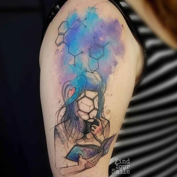 Watercolor Woman, Science tattoo on Thigh