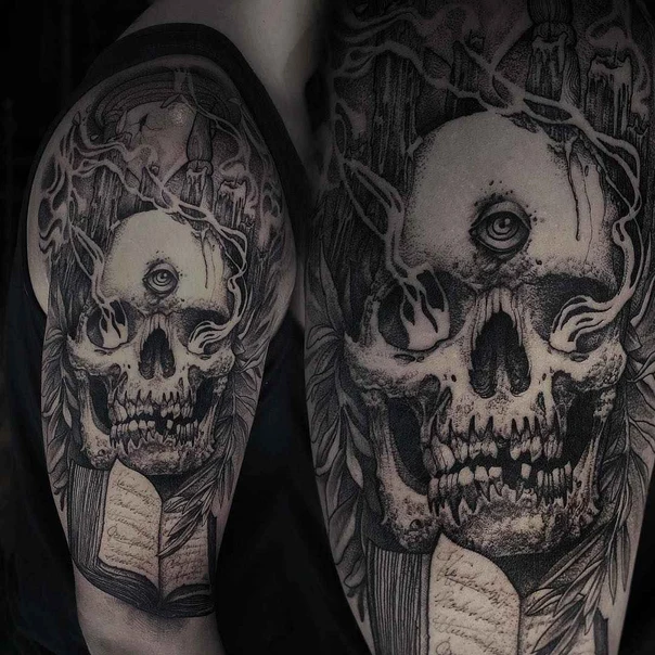 Black & Grey Skull, Book tattoo on Upper Arm