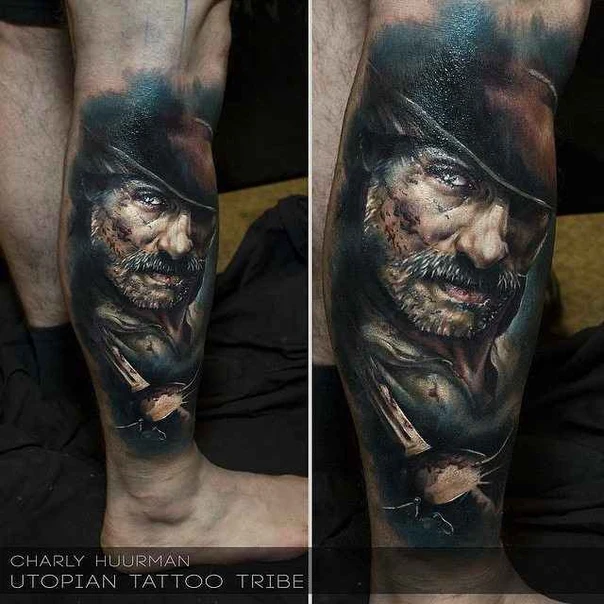 Realism Portrait, Face tattoo on Calf