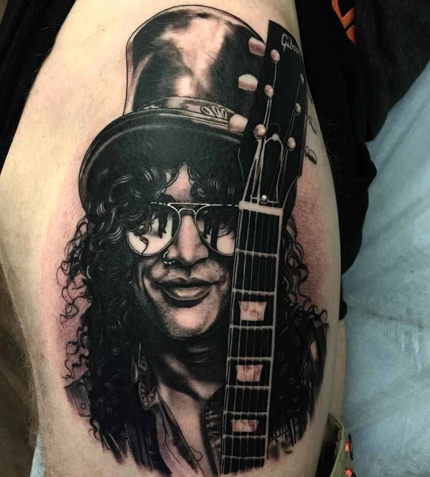 Realism Portrait, Guitar tattoo on Thigh