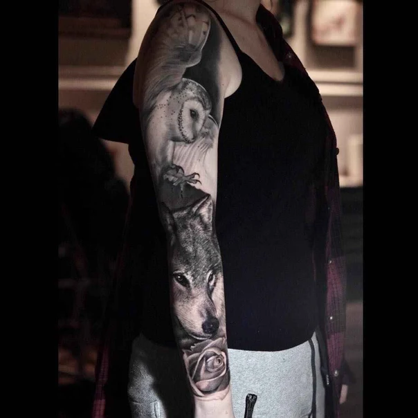 Realism Owl, Wolf tattoo on Full Sleeve