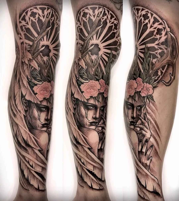 Black & Grey Face, Flowers tattoo on Full Sleeve