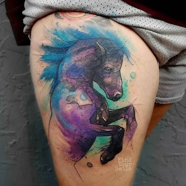 Watercolor Horse tattoo on Thigh