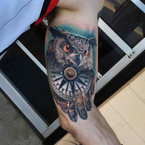 Realism Owl, Compass tattoo on Forearm