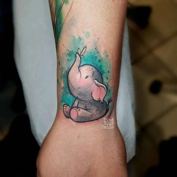 Watercolor Elephant, Leaf tattoo on Wrist