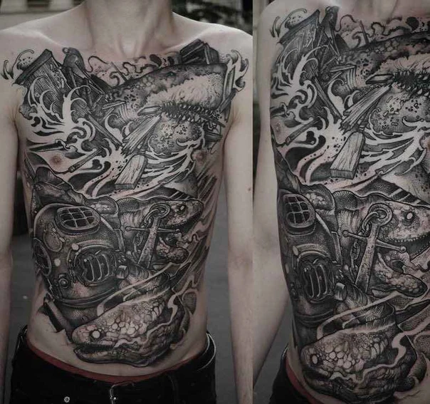 Black & Grey Diver, Shark tattoo on Chest
