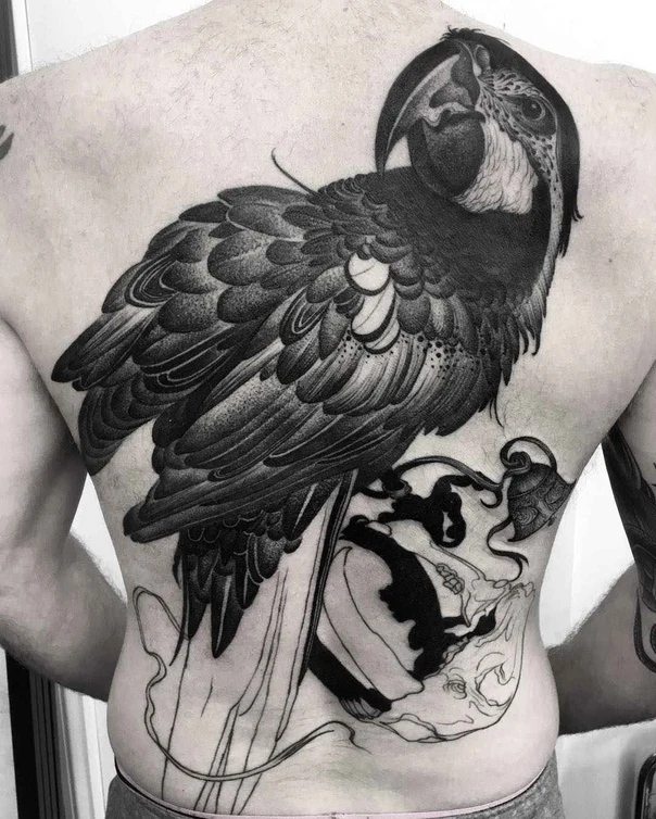 Blackwork Parrot, Botanic tattoo on Full Back