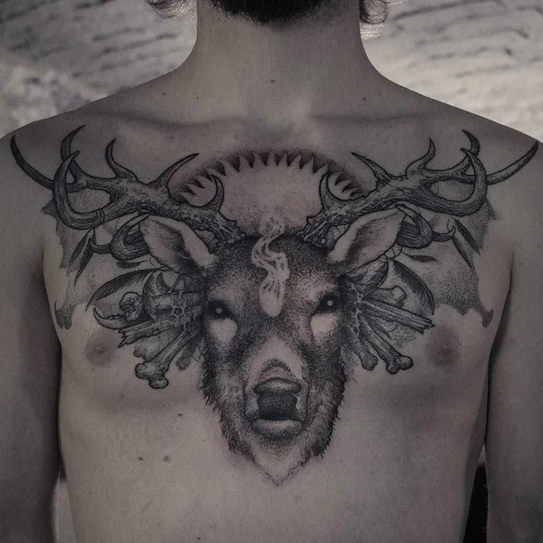 Black & Grey Deer, Antlers tattoo on Chest