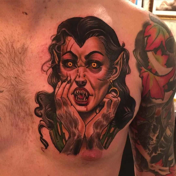 Neo Traditional Vampire, Portrait tattoo on Chest