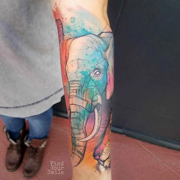 Watercolor Elephant, Lion tattoo on Forearm