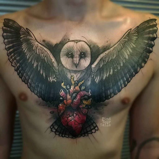 Illustrative Owl, Heart tattoo on Chest