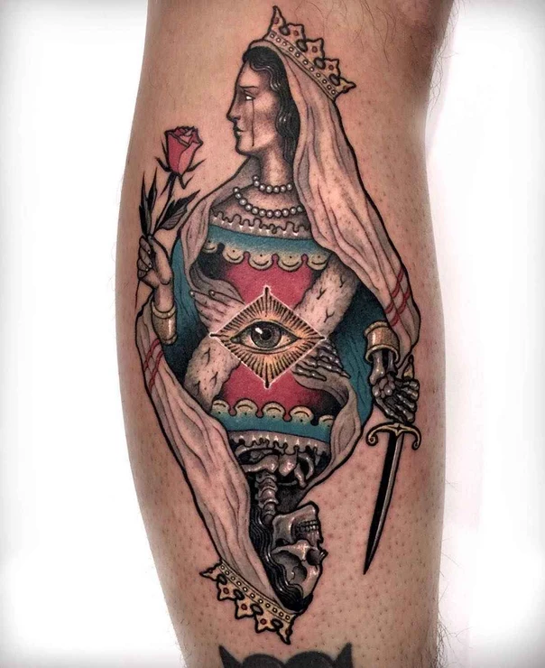 Neo Traditional Eye, Rose tattoo on Calf