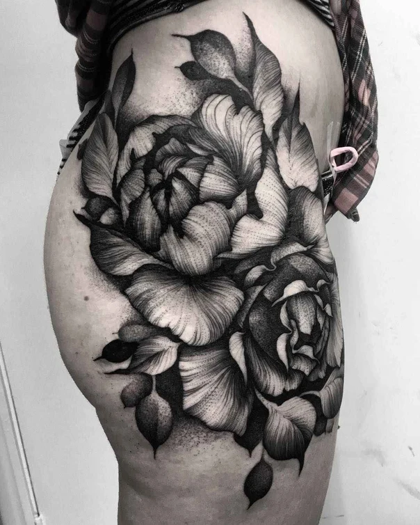Blackwork Flower, Leaves tattoo on Thigh