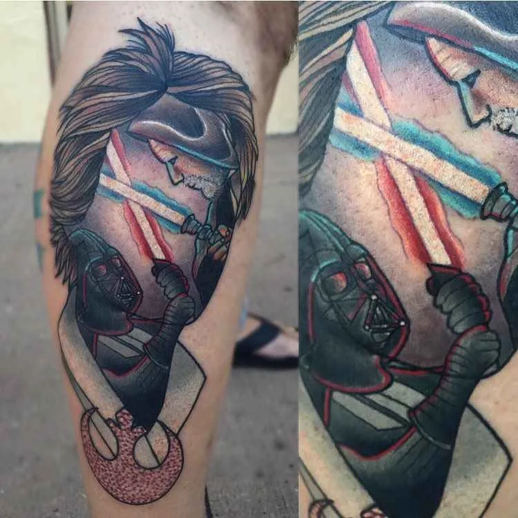 Artista dei tatuaggi Jay Joree, stile neo tradizionale colorato, ritratto astratto, tatuaggio geometrico