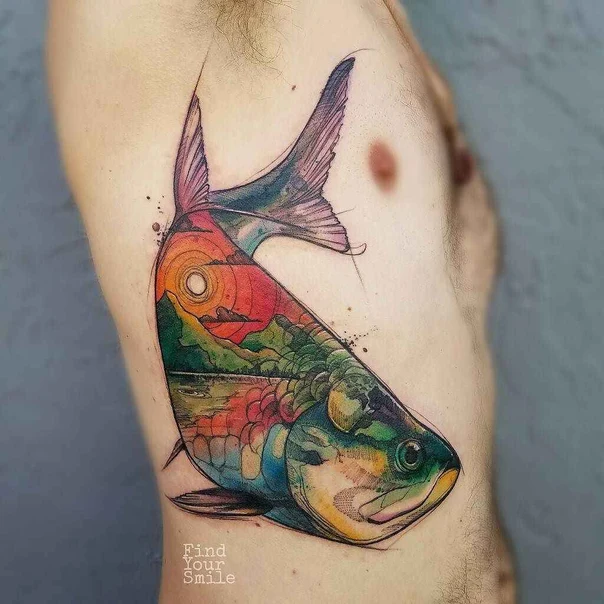 Illustrative Fish, Landscape tattoo on Side