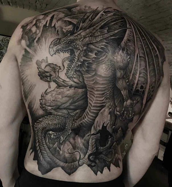 Realism Dragon, Fantasy tattoo on Full Back