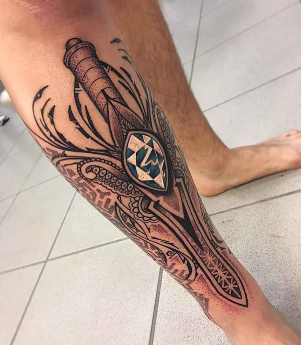 Ornamental Sword, Gemstone tattoo on Calf