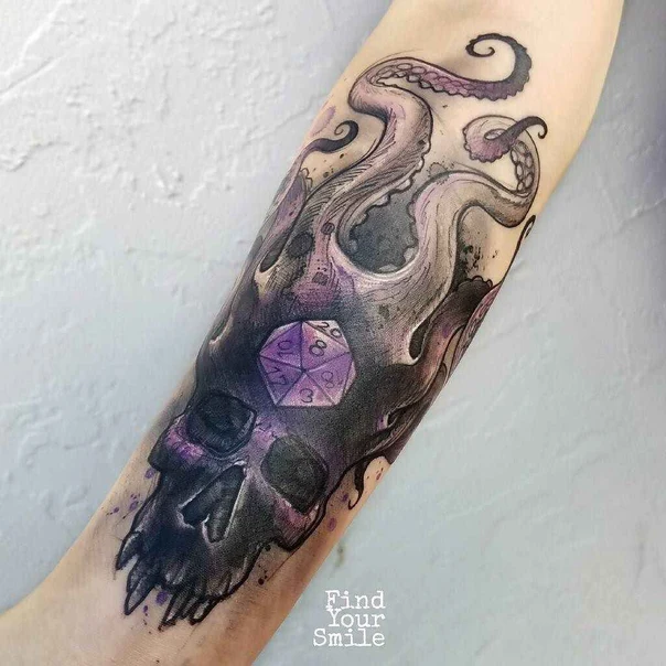 Illustrative Skull, Tentacles tattoo on Forearm
