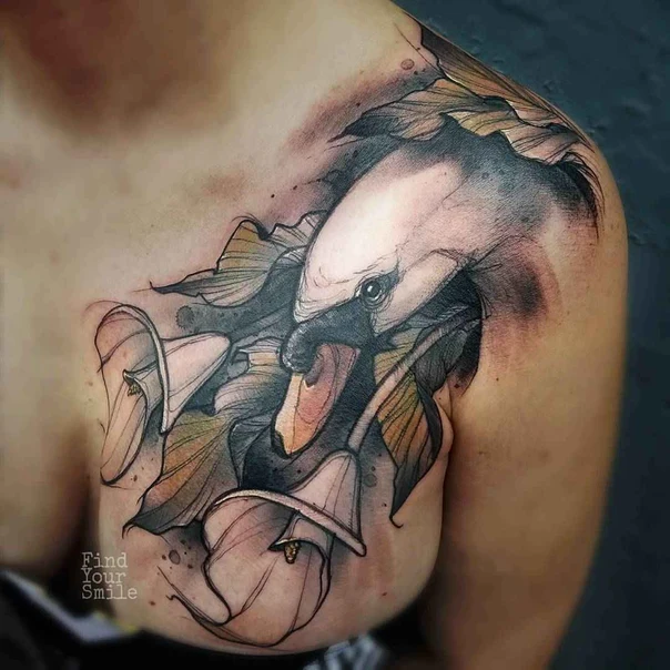 Illustrative Swan, Flowers tattoo on Chest