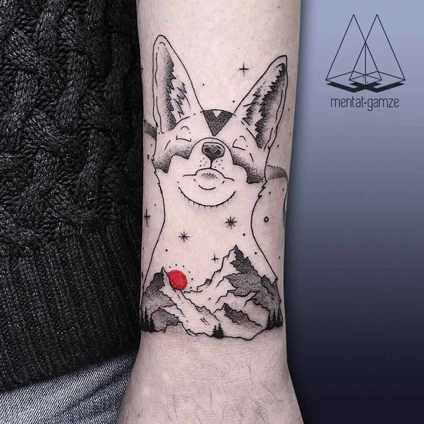 Illustrative Dog, Mountains tattoo on Forearm
