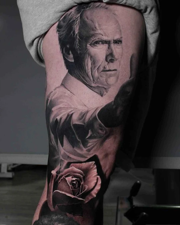 Realism Portrait, Rose tattoo on Thigh