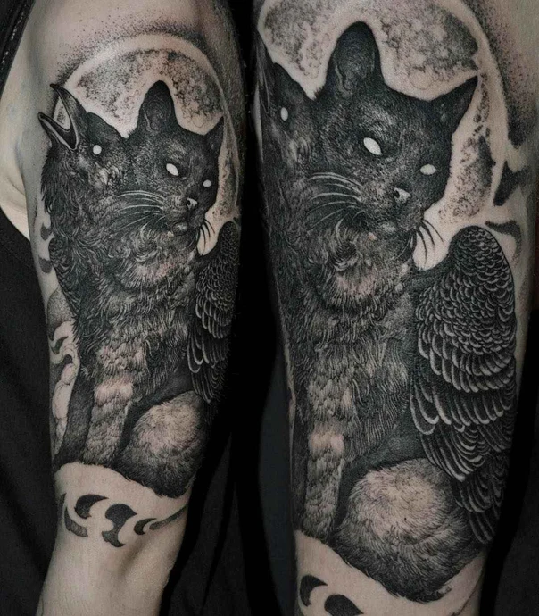 Blackwork Cat, Wings tattoo on Full Sleeve