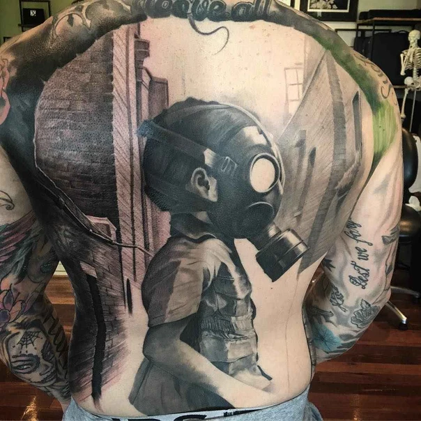 Realism Gas mask, Child tattoo on Full Back