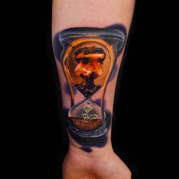 Realism Hourglass, Explosion tattoo on Forearm