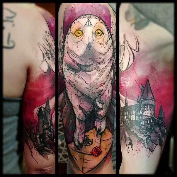 Watercolor Owl, Castle tattoo on Full Sleeve