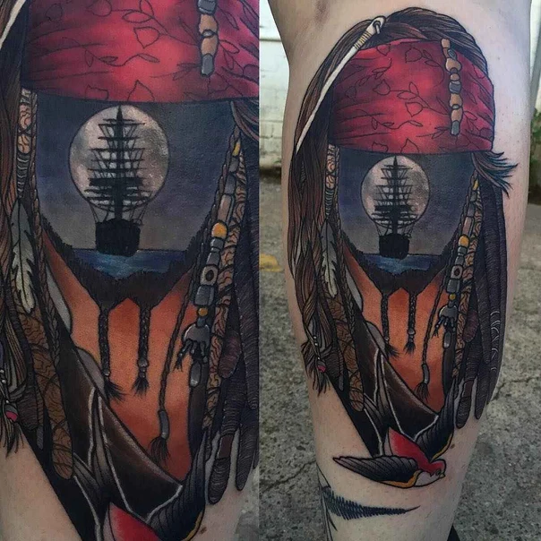 Illustrative Portrait, Ship tattoo on Calf