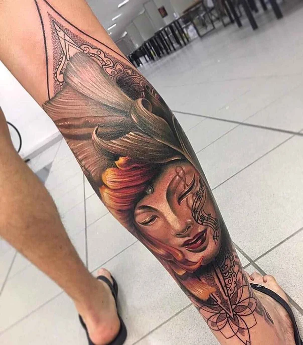 Realism Buddha, Flower tattoo on Calf