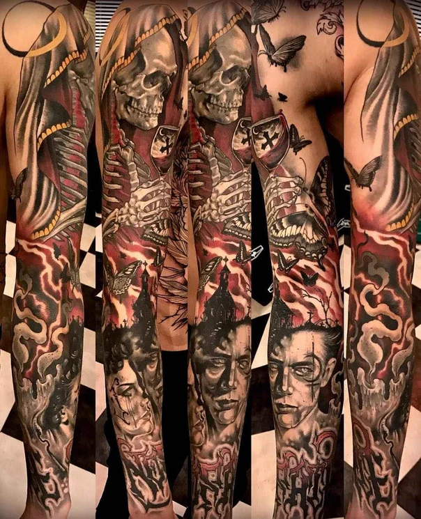 Realism Skull, Butterfly tattoo on Full Sleeve