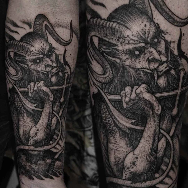 Blackwork Demon, Horns tattoo on Forearm