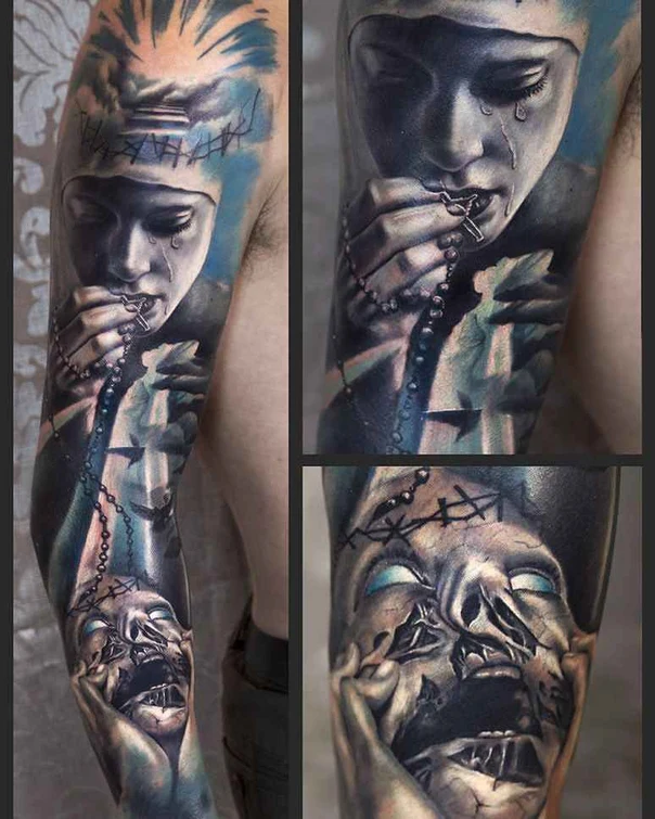 Realism Portrait, Religious tattoo on Full Sleeve