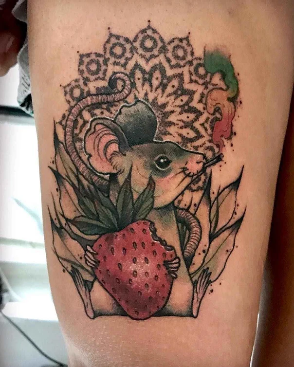 Illustrative Mouse, Strawberry tattoo on Thigh