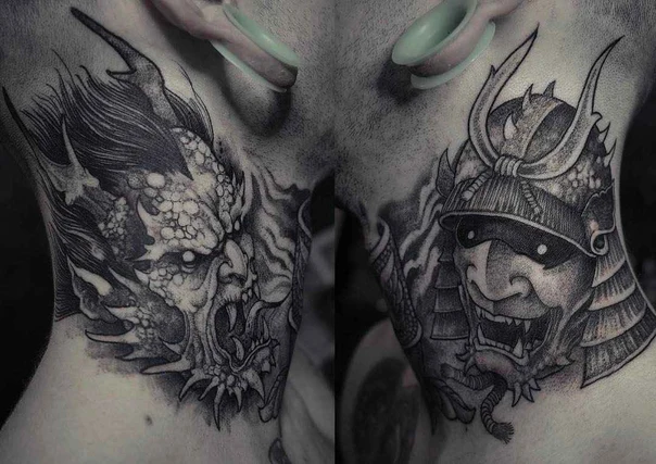 Blackwork Dragon, Samurai tattoo on Neck
