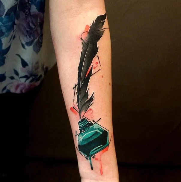 Watercolor Feather, Inkwell tattoo on Forearm