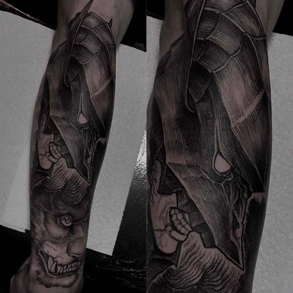 Black & Grey Skull, Wolf tattoo on Forearm