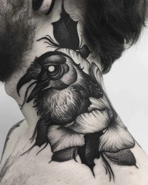 Blackwork Bird, Floral tattoo on Neck