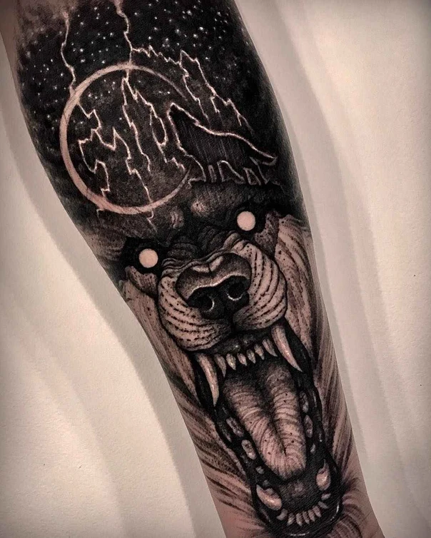 Black & Grey Wolf, Moon tattoo on Forearm