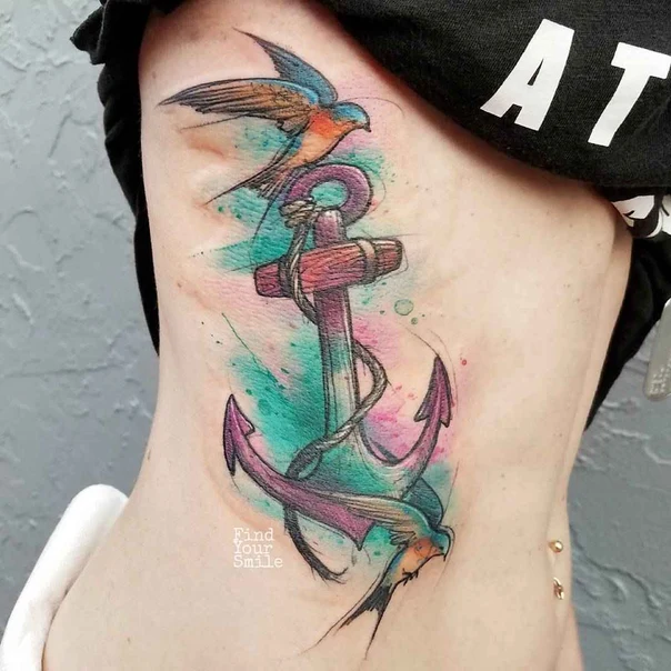 Watercolor Anchor, Bird tattoo on Side