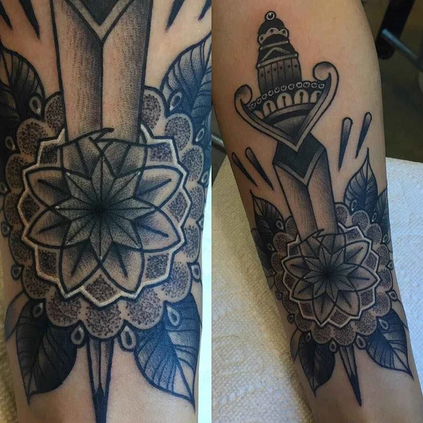 Blackwork Dagger, Mandala tattoo on Forearm