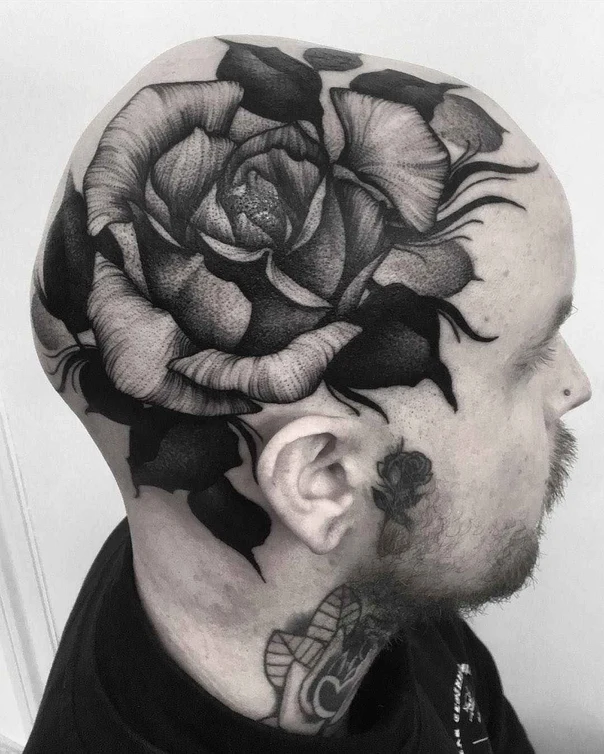 Black & Grey Rose tattoo on Head
