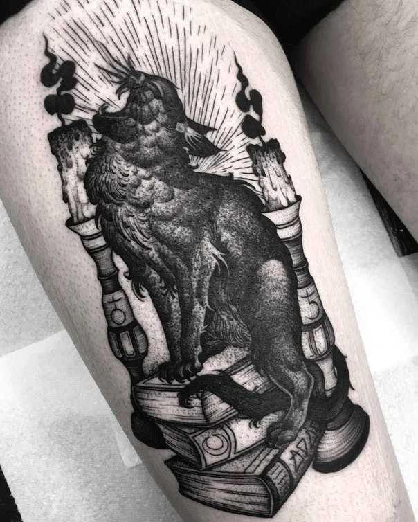 Blackwork Wolf, Books tattoo on Calf