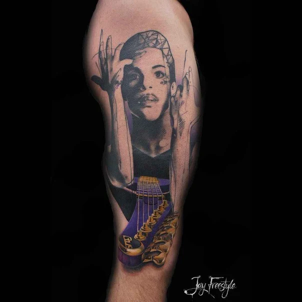 Realism Portrait, Guitar tattoo on Bicep