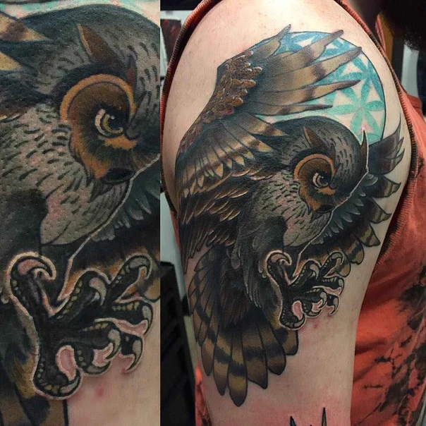 Illustrative Owl, Geometric tattoo on Upper Arm