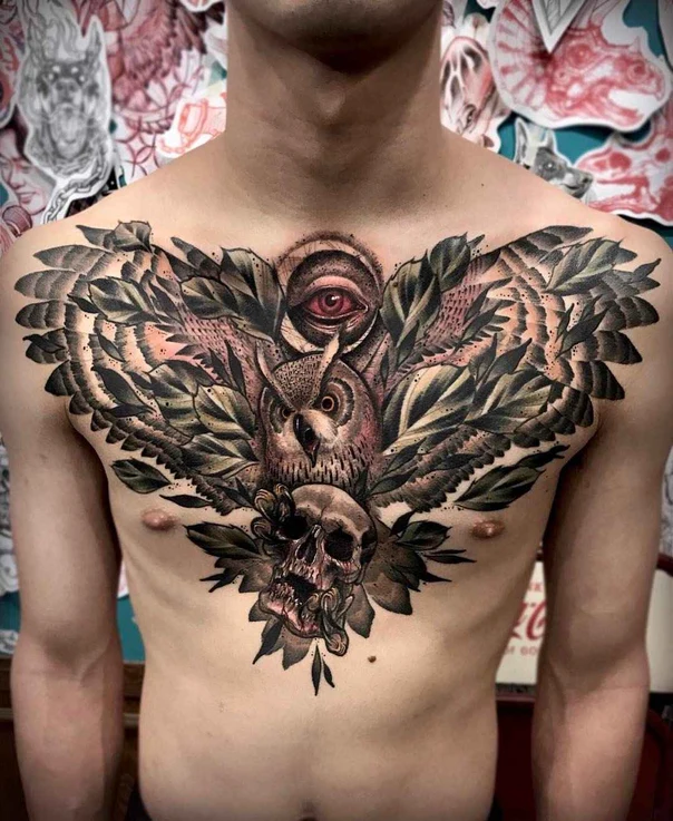 Illustrative Owl, Skull tattoo on Chest