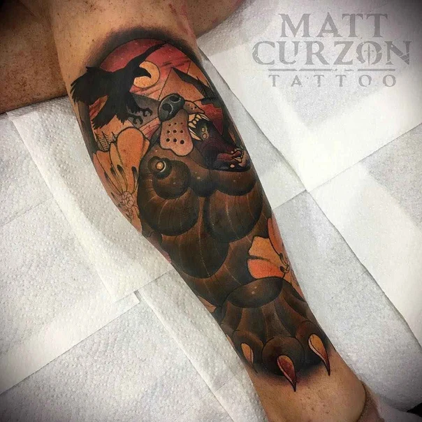 Neo Traditional Bear, Raven tattoo on Forearm