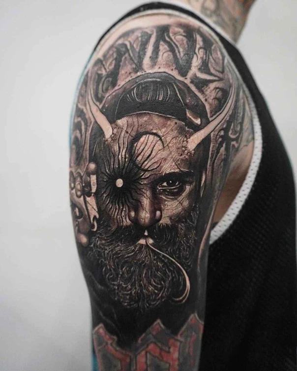 Black & Grey Face, Demon tattoo on Full Sleeve