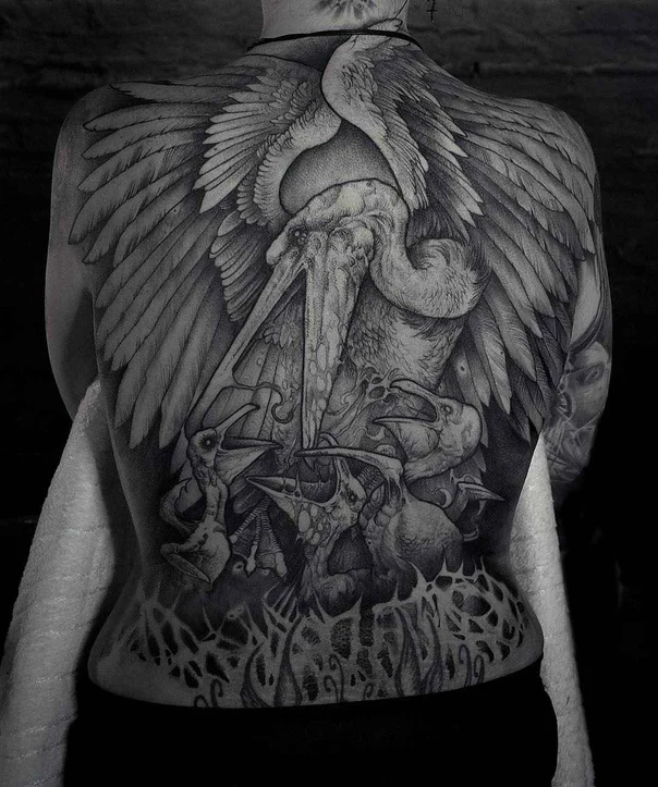 Black & Grey Birds, Wings tattoo on Full Back